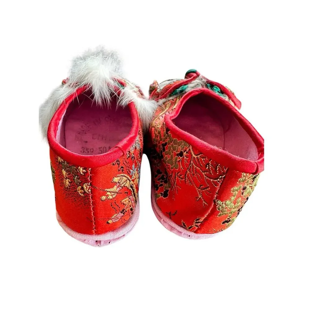 Vintage Pair Child Toddler Chinese Red Dragon Slippers Satin & Fur China 4 3/4”